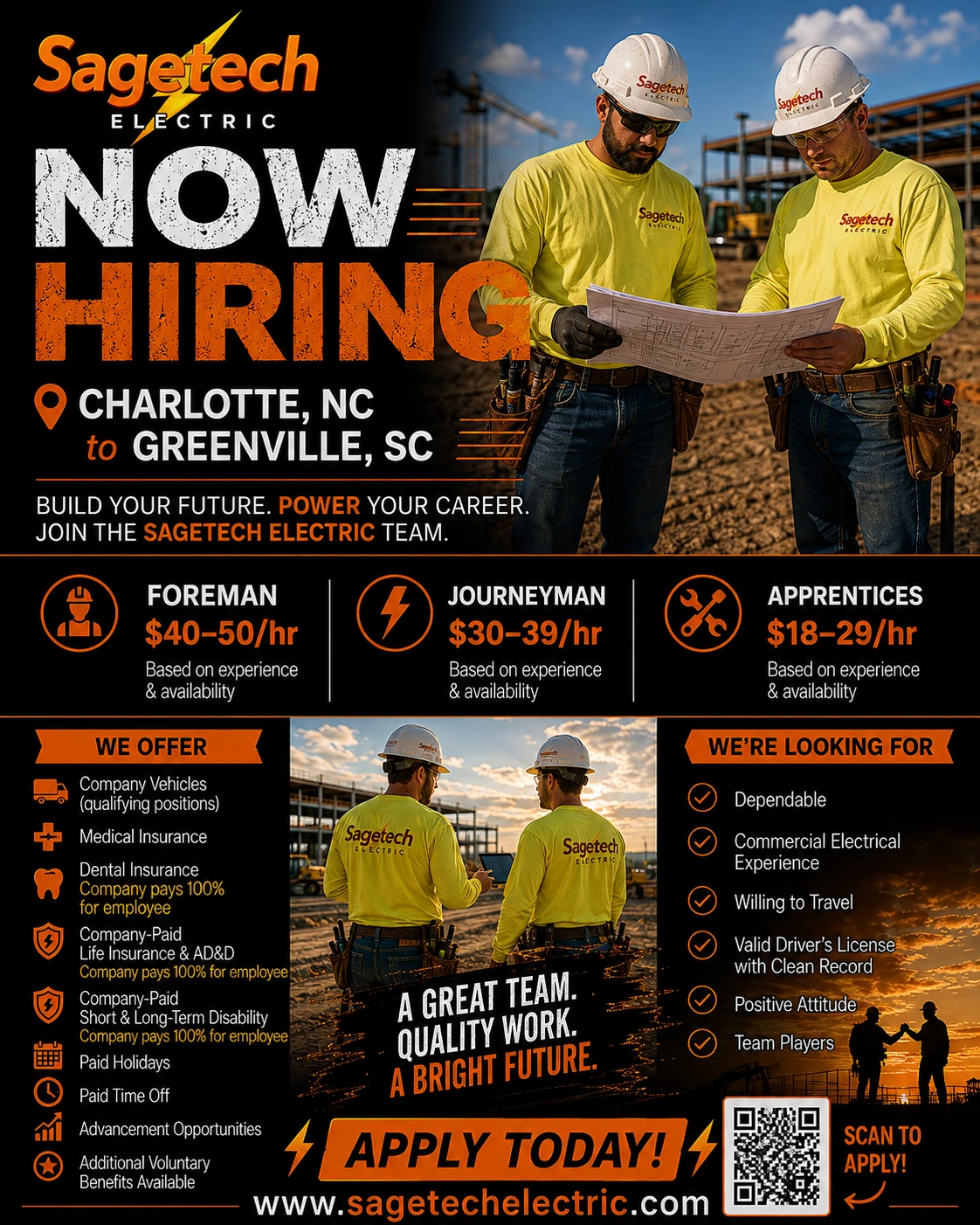 Sagetech Electric now-hiring poster listing field positions, compensation ranges, benefits, qualifications, and application information