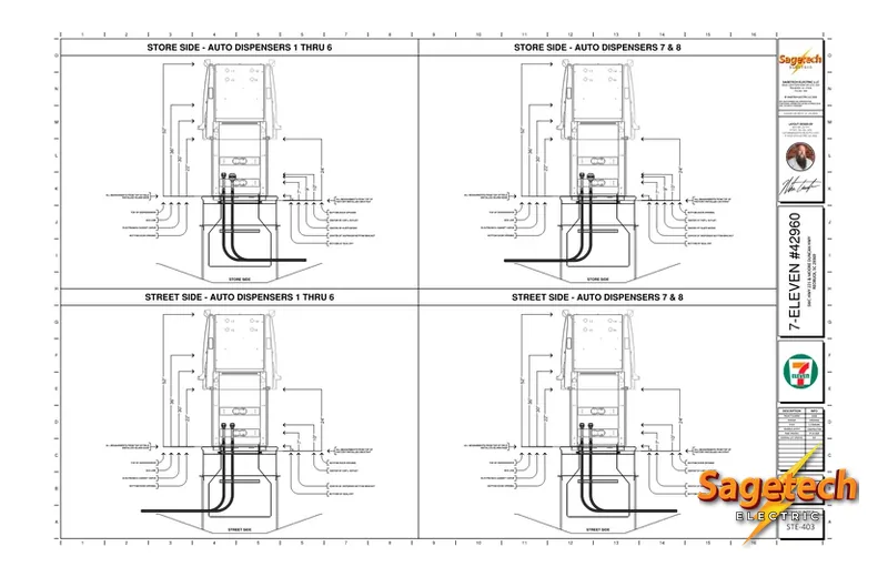 Sagetech fuel-dispenser rough-in detail drawing with dimensions and connection points