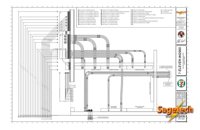 Sagetech panel feeder and conduit layout with routing and installation dimensions