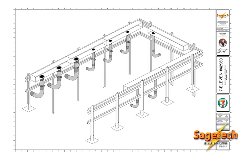 Sagetech three-dimensional electrical room layout showing conduit routing and clearances