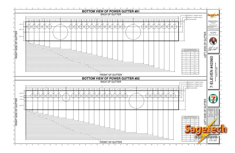 Sagetech power gutter layout showing knockout locations, hole sizes, and conduit entries
