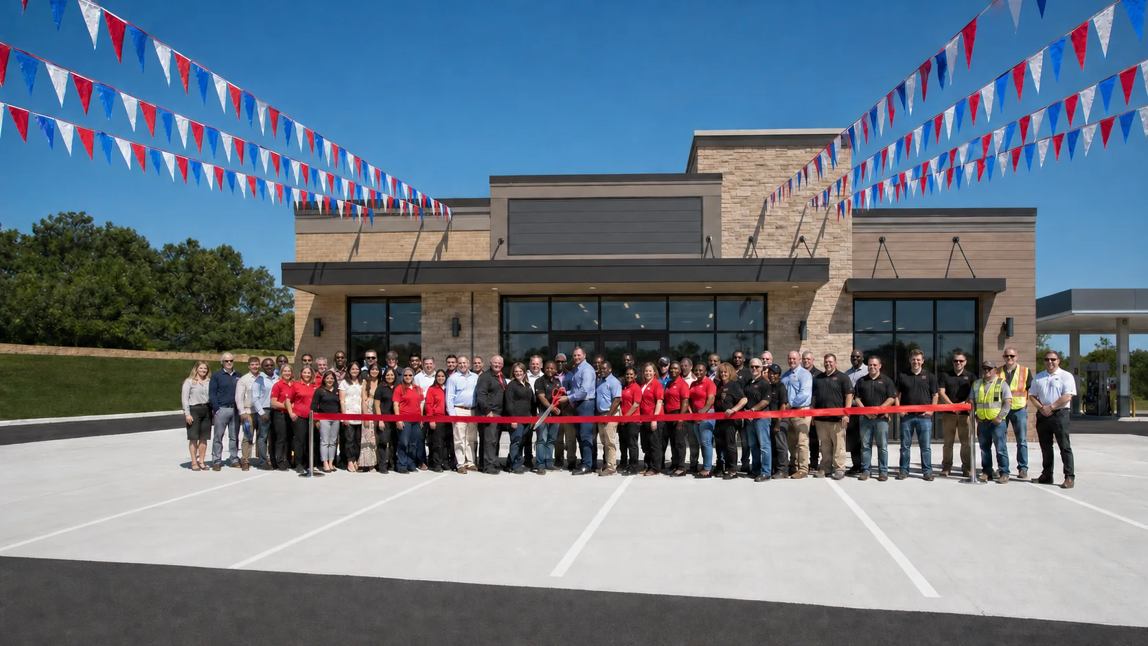Ribbon-cutting celebration at a newly completed commercial fuel center