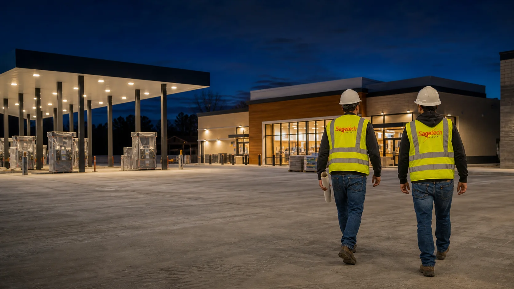Sagetech Electric field team walking toward a newly built commercial fuel-center project