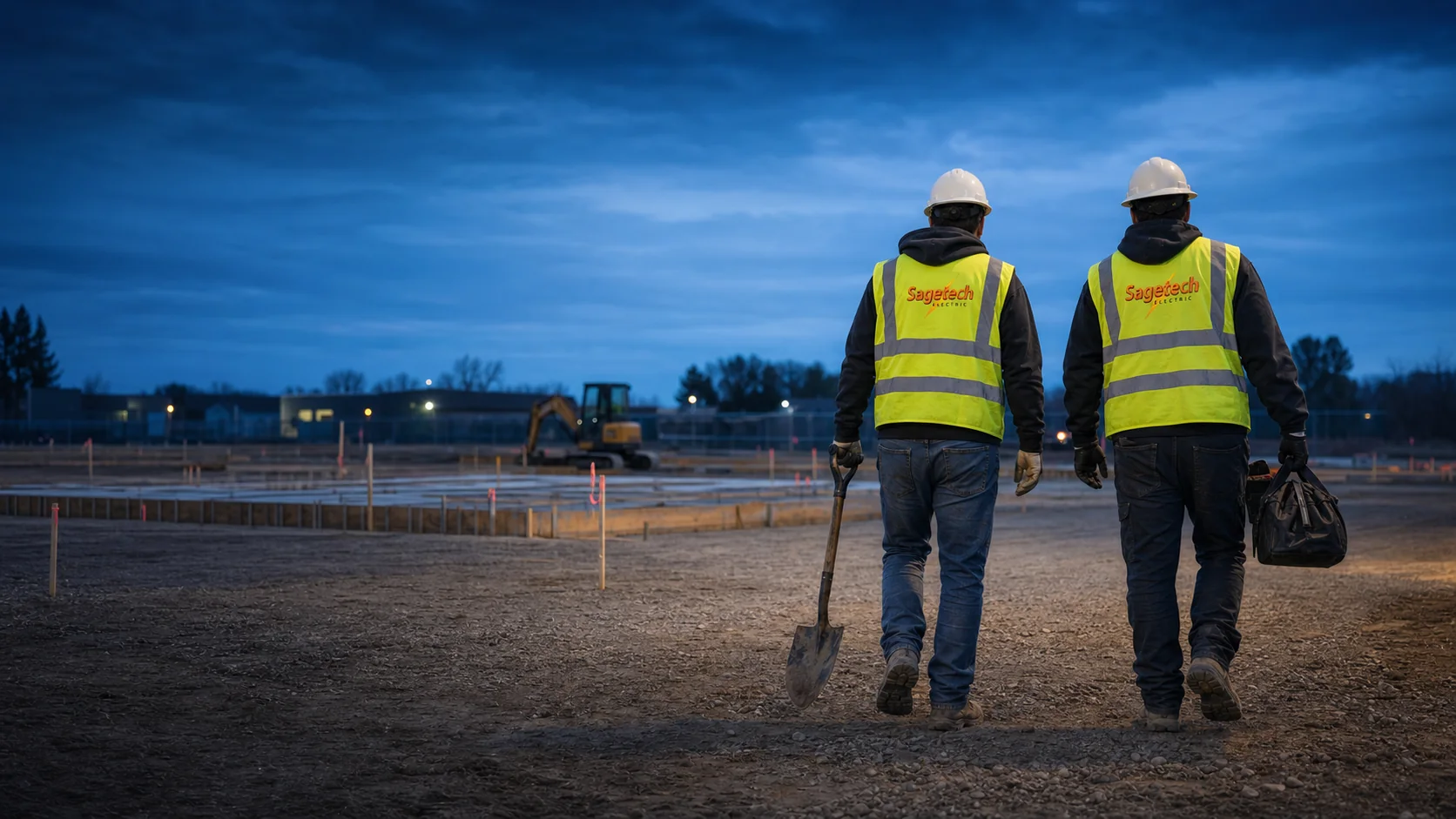 Two Sagetech Electric workers carrying tools into an active commercial construction site
